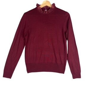 J.Crew Sweater women's 100% Merino Wool Bordo Long sleeve Round Lace neck Size S